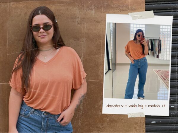 O match perfeito: calça jeans wide leg + blusa de decote v
